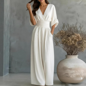 Tuta Casual da Donna Personalizzata con Scollo a V, Maniche Corte, Vita Alta, Gamba Larga, Design OEM ODM Accettato, Vendita all'Ingrosso, Consegna Rapida - Product Image 1