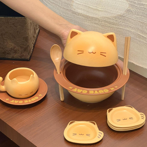 Niedliches Cartoon-Kätzchen Keramik-Geschirrset Katzenförmige Schüssel Tasse Saucenschälchen Mit Deckel für Haushalt Abendessen Geschenk - Product Image 1