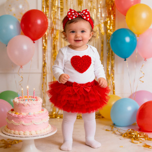 Pagliaccetto a maniche lunghe con stampa a cuore per neonata, vestito da principessa per il primo compleanno e set con gonna in tulle - Product Image 6