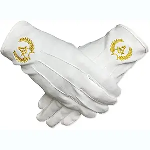 Manufacturer White 100% Cotton Hand Masonic Embroidered Gold Square Compass Logo Gloves Freemason