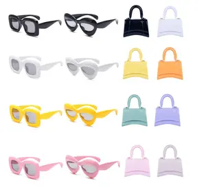2023夏季沙滩旅行可爱珠光UV400女孩墨镜匹配迷你手提包儿童太阳镜和钱包套装