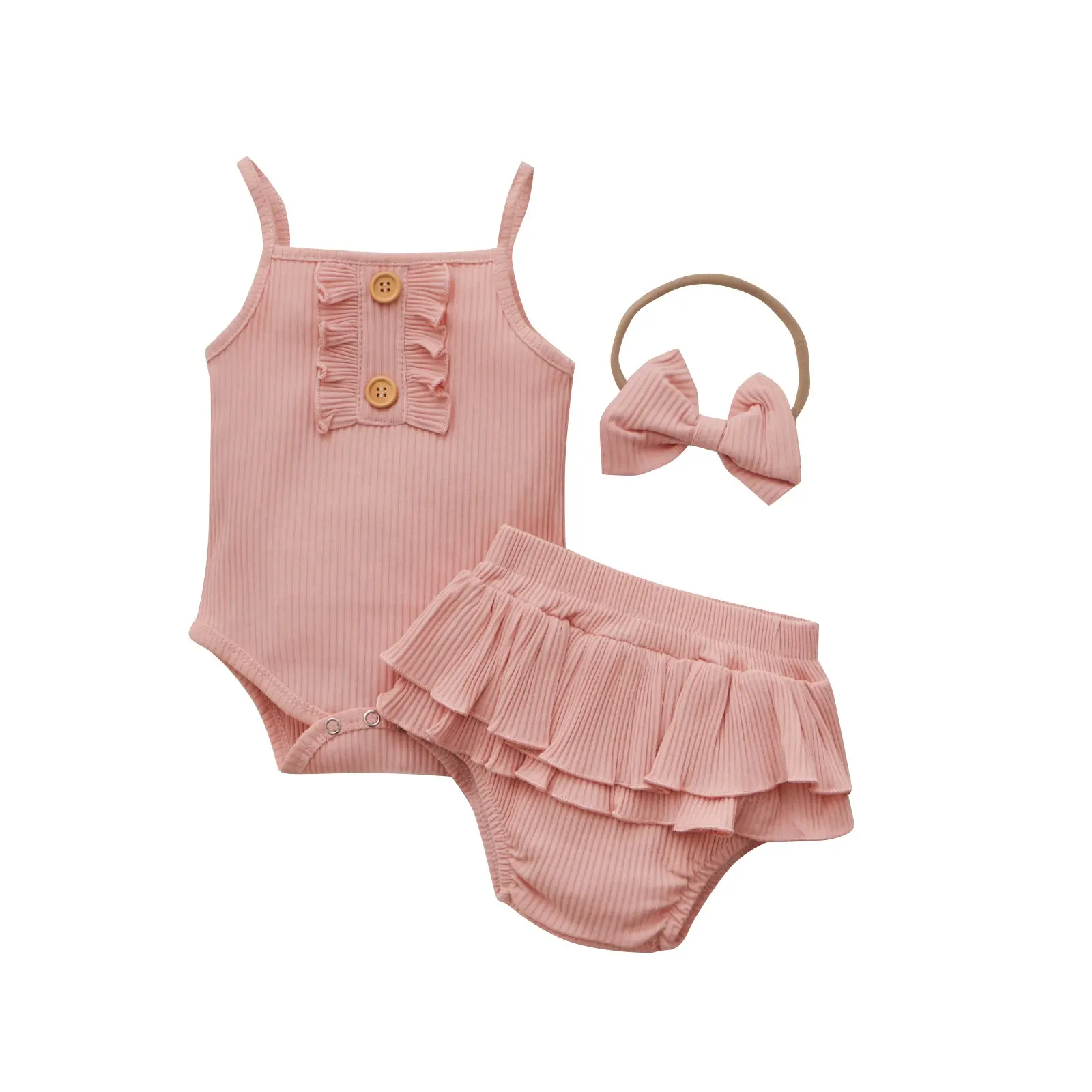 Conjuntos de roupas de bebê, conjuntos de roupas infantis de verão para crianças pequenas, macacão rosa com calções de babado, sem mangas