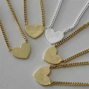 personalised jewellery women 18k gold plated stainless steel necklace custom engrave message heart pendant necklace supplier