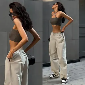 Enyami Y2K moda şık gri koşu alt Streetwear kadın spor paraşüt Sweatpants düşük bel bayanlar pantolon kargo pantolon