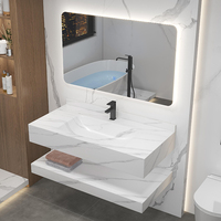 Ensemble de meubles-lavabos muraux modernes en pierre frittée de 140 cm avec évier, égouttoir et lampe à induction intégrée pour salle de bain - Vente en gros
