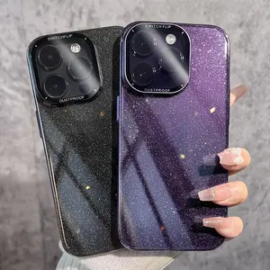 Casing ponsel lensa kamera Glitter, pelindung telepon genggam PC silikon pegangan kaca untuk iPhone 15 14 13 12 Pro Max perlindungan penuh Fundas mewah