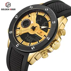 GOLDEN HOUR GH123 hot sell golden mens digital watch nice Silicone band double display Chronograph Waterproof sports wrist watch