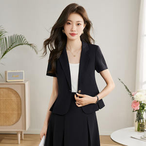 Summer Black Short Sleeve Blazer Set Women Polyester Breathable Office Lady Midi Skirt Suit Professional Elegant Style - Product Image 1