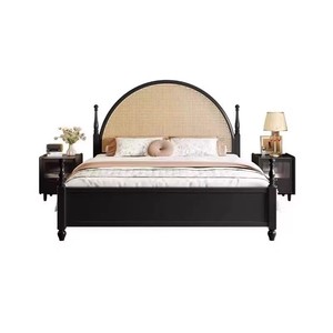 Cama de Madera Maciza Negra de Lujo, Cabecera Semicircular (Tela/Ratán), Personalizable para Proyectos de Hoteles y Apartamentos, Apta para Pedidos al por Mayor - Product Image 2