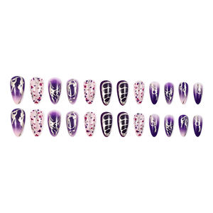 24 piezas de <span class=keywords><strong>uñas</strong></span> a presión de almendra púrpura y plata gótica con <span class=keywords><strong>flores</strong></span> <span class=keywords><strong>secas</strong></span> y diseños de líneas abstractas - Product Image 5