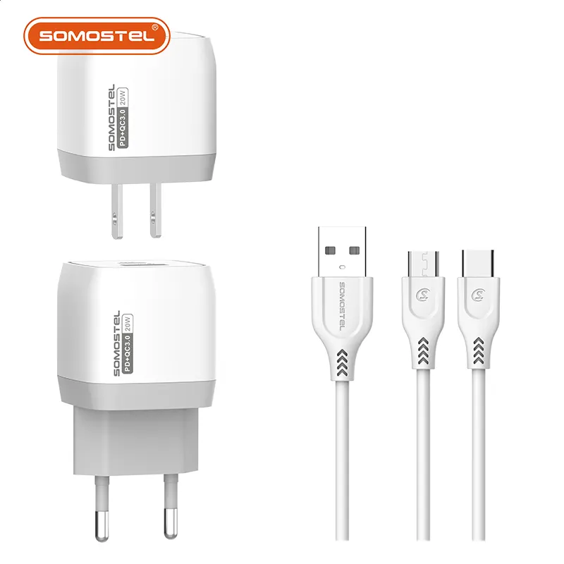 Somostel hot sales SMS-Q20 QC3.0 PD 20W 2 IN 1 FAST TRAVEL CHARGER USB CABLE FOR US EU FOR mobile phone