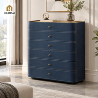 Commode de luxe personnalisée HarmTai avec revêtement extérieur en cuir bleu marine, armoire de rangement à 6 tiroirs pour chambre à coucher et salon