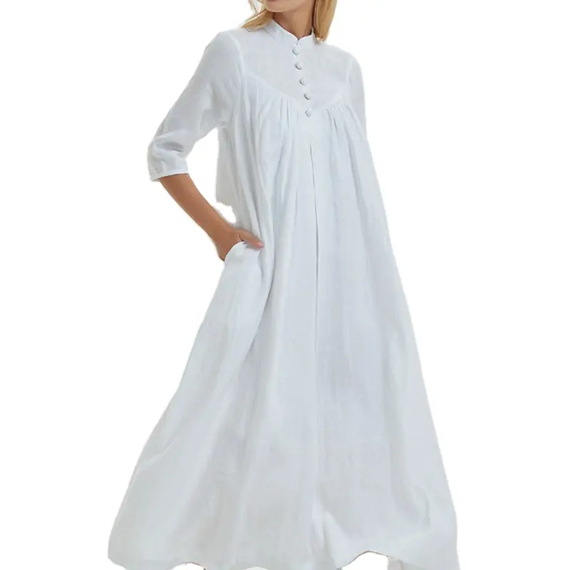 Wholesale Fashion Ladies Linen Casual Dress White Girls Ruffle Linen Dresses Women