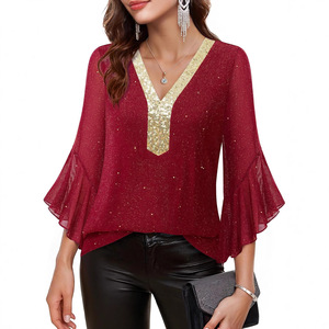 Camisa de Oficina Casual de Gasa para Mujer, Estilo Primavera/Verano, Transpirable, Cuello en V, Media Manga, Venta al por Mayor - Product Image 3