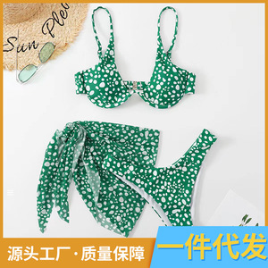 Traje de Baño de Tres Piezas para Mujer, Estilo Europeo y Americano 2022, Sexy, con Flores Pequeñas, para Comercio Exterior Transfronterizo - Product Image 5