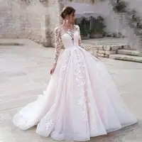 Panjang Lengan Princess Blush Wedding Dress 2021 Tulle Gaun Pengantin Kapel Kereta Lace Appliques Bridal Gaun Vestido De Noiva