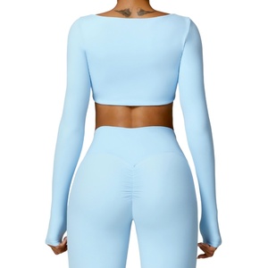 Top sportivo in tessuto spazzolato di qualità con imbottiture per il petto Fitness Yoga Tshirt a manica lunga abbigliamento da allenamento abbigliamento femminile Top da palestra - Product Image 5