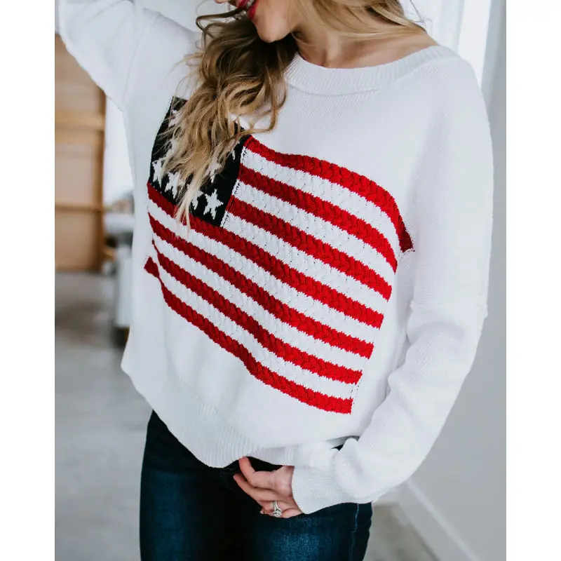 Sweter rajut bendera Amerika grafis kebesaran wanita, sweter rajut bendera Amerika Super nyaman Chunky wanita