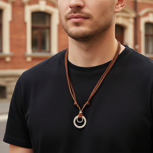 Collier vintage pour <span class=keywords><strong>homme</strong></span> avec pendentif cercle en métal et chaîne en cuir véritable – Idée cadeau - Product Image 6