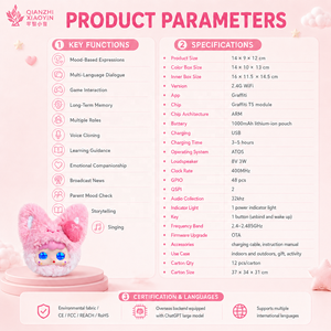 Llavero de Peluche de Conejito Rosa con IA, Cara de Fresa con Pompón, Ojos Holográficos, Clonación de Voz, Más de 50 Idiomas, WiFi Portátil - Product Image 6