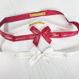 Custom Logo Printed Pre-made Satin Ribbon Bow With Stretch Loop For Gift Packaging