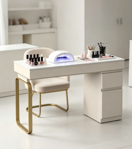 Mesa <span class=keywords><strong>de</strong></span> Manicura para Salón <span class=keywords><strong>de</strong></span> Uñas Color Blanco Crema con Cajones, Mesa <span class=keywords><strong>de</strong></span> Manicura Moderna con Patas <span class=keywords><strong>de</strong></span> Metal Dorado - Product Image 4