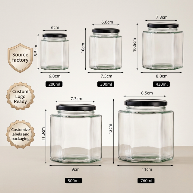 Custom label Stock 45ml-730ml Hexagonal Glass Jar Shape Clear Honey Storage Bottle Empty Jam Jar with Lid factory manufacturer