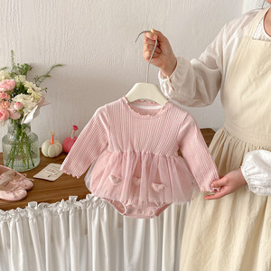 Tutina per Neonata Primavera 2026, Nuovi Arrivi, Stampa a Cuore in Rete, Colletto in Pizzo, Dolce Tuta Rosa - Product Image 1