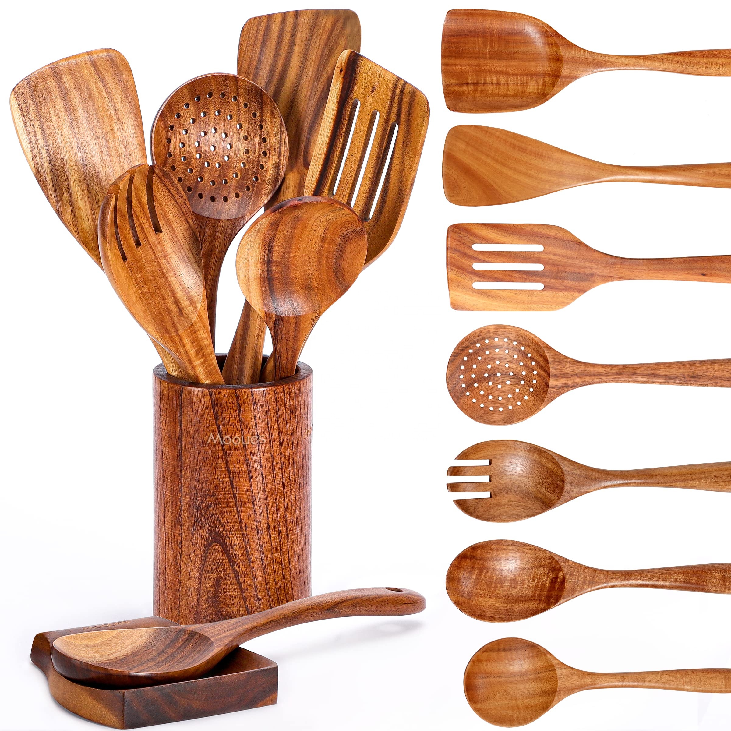 Conjunto de utensílios de cozinha de madeira de teca natural, alça longa, colher de bambu para restaurante, acácia, conjunto de utensílios de sopa de madeira