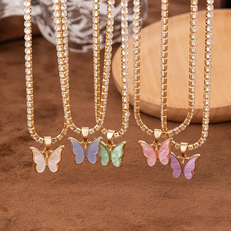 Women 18K Gold Tennis Chain Bohemia Fashion Jewelry Zircon Colorful Butterfly Pendant Choker Necklace