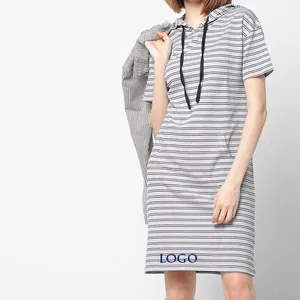 Custom Women Solid Yarn Dye Stripe Print Hoodies Dress Casual Women Slim Short Sleeve Hoody Dress with Drawstring