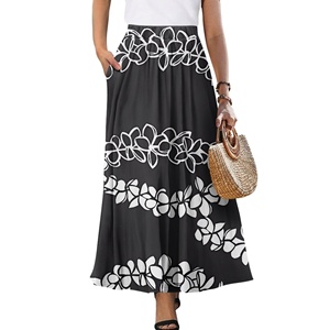 Luxury <strong>Black</strong> with Flower Printed Women's Satin Stretchy High Waisted Maxi <strong>Skirts</strong> Elastic Waistband a Line Long <strong>Skirt</strong> with <strong>Pocket</strong> - Product Image 2