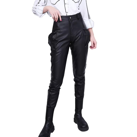 0650 Cool Fashion Lambskin Pocket Skinny Leg Pants Cargo Pants Genuine Leather Trousers