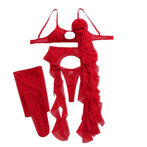 Lingerie Rose rouge avec bas à volants bord maille découpé soutien-gorge <span class=keywords><strong>porte</strong></span>-jarretelles fines femmes Lingerie Sexy pour femmes ensemble - Product Image 5