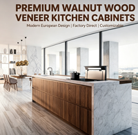 Meubles de cuisine européens modernes en placage de noyer naturel, ensemble d'armoires de cuisine sur mesure, design d'îlot, solutions de rangement intelligentes