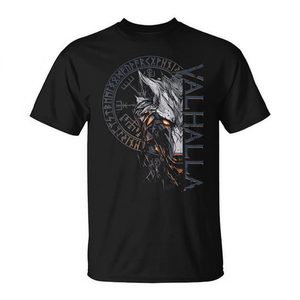 Valhalla Wolf Viking T-Shirt Nordic Runes Compass Design Chemise noire pour hommes - Product Image 2
