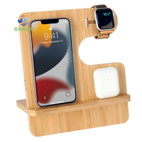Nouveau chargeur de bureau sans fil 3-en-1 efficace 15W pour iPhone, Apple Watch et autres appareils avec fonction écouteurs, en bois naturel et bambou