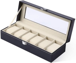 Estuche <span class=keywords><strong>Organizador</strong></span> de <span class=keywords><strong>Relojes</strong></span> de Cuero PU Negro para <span class=keywords><strong>Hombre</strong></span>, Ecológico, con 5 Compartimentos, Tapa de Vidrio y Forro de Terciopelo - Product Image 5