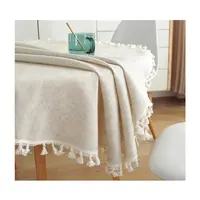 Nappe unie WUJI en coton et lin tissé avec pompons, style campagnard, anti-poussière, lavable en machine, toutes saisons, lot en vrac