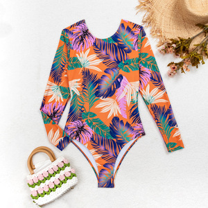 Maillot de bain une pièce pour femmes, imprimé floral, manches longues, en polyester, pour les vacances à la plage, les sources chaudes - Product Image 2