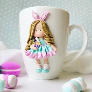 귀여운 토끼 드레스 소녀 폴리머 클레이 세라믹 커피 머그잔 사용자 정의 흰색 빈 프로모션 머그잔 3D 캐릭터 세라믹 머그잔