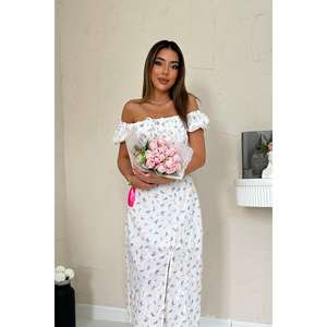 Vestido de Verano Floral Lila con Hombros Descubiertos, Corte en A, Cintura Natural, Tejido Transpirable, Uso Diario Informal - Product Image 3