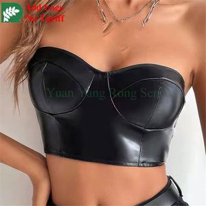 Hot Sale Sexy Cropped Belly Button Women's Small Tank <strong>Top</strong> Solid Color <strong>Shiny</strong> Leather Wrap <strong>Top</strong> - Product Image 2