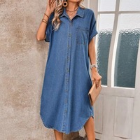 Robes en jean tendance grande taille pour femmes, col rabattu, manches courtes, simple boutonnage, longueur midi, pour dames