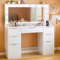 Coiffeuse blanche avec miroir lumineux, plateau en verre, tiroirs de rangement, grand meuble en verre trempé, ensemble de coiffeuse pour chambre à coucher