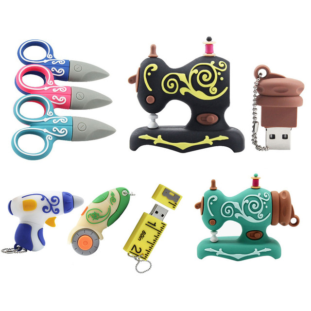 Wholesale USB 2.0  New Style Cartoon Ruler Sewing Machine Scissors Pen Drive 8gb 16gb 32gb Usb Flash Drive for Gifts Promotional