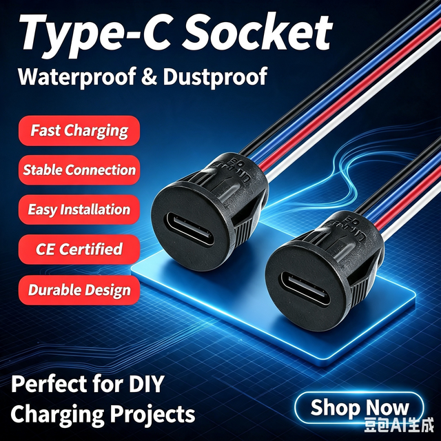 Round Snap-in Type-C Panel Mount Socket LN-022E, Pre-wired 24AWG 4Pin Cable, USB-C Female Charging Connector CE RoHS Approved