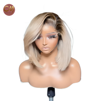 Perruque Bob Lace Frontale HD 13x4, Cheveux Humains Raides Ombré Blond Cendré Racines Foncées, Coupe Droite, Sans Colle