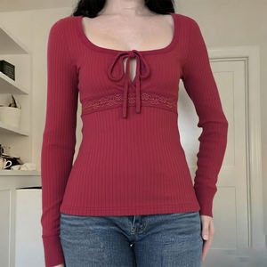 Pure Desire Girly Style U-Neck <b>Slim</b> Fit T-Shirt Waist Lace Patchwork Bow <b>Tie</b> Long Sleeve Ribbed Base Layer - Product Image 3