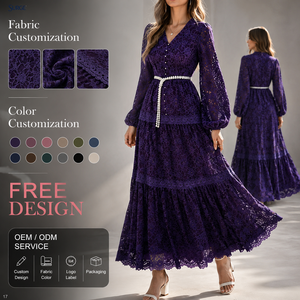 <span class=keywords><strong>Abito</strong></span> lungo casual elegante viola con <span class=keywords><strong>pizzo</strong></span>, scollo a V, bottoni frontali, <span class=keywords><strong>maniche</strong></span> <span class=keywords><strong>lunghe</strong></span> a sbuffo, orlo a balze e cintura di perle - Product Image 1